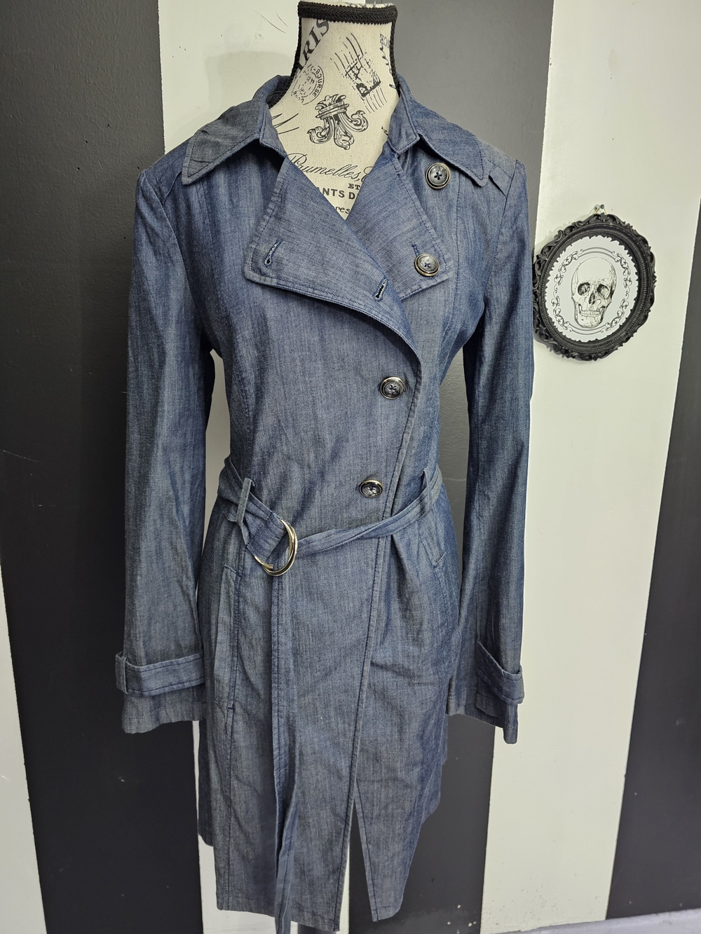 White House Black Market Denim-Style Blue Trench Coat with Belt